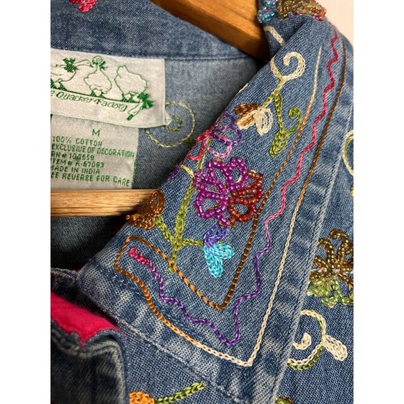 The Quacker Factory Women's Medium Chambray Beaded Embroidered Shirt New - Picture 10 of 16